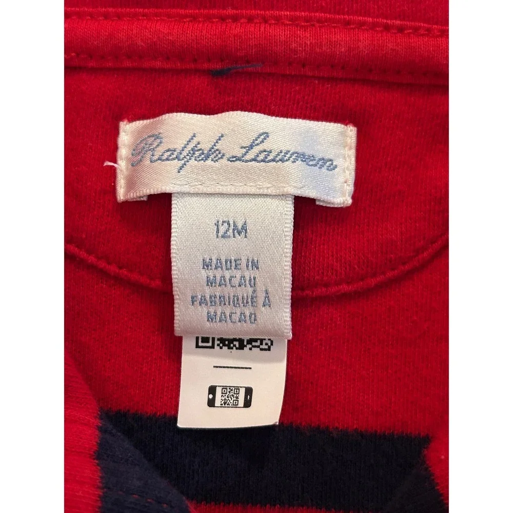 Ralph Lauren Baby Boy Red Navy Blue Striped Quarter Zip Pullover Sweatshirt 12M